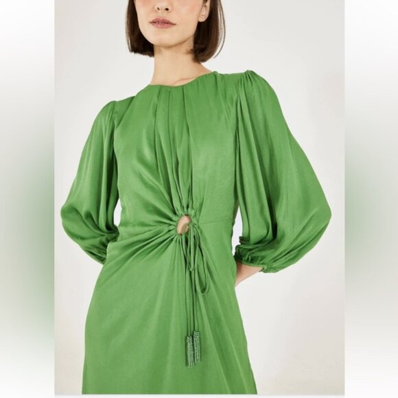 FARM RIO Anthropologie green long sleeve maxi midi satin dress circle cut out - Picture 4 of 10